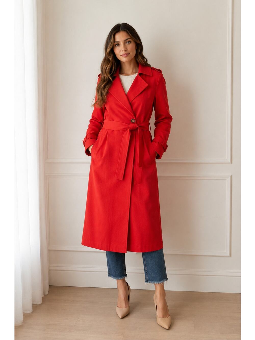 Maje Red Belted Trench Coat 4 Small Goldie 100% Cotton Midi French Designer